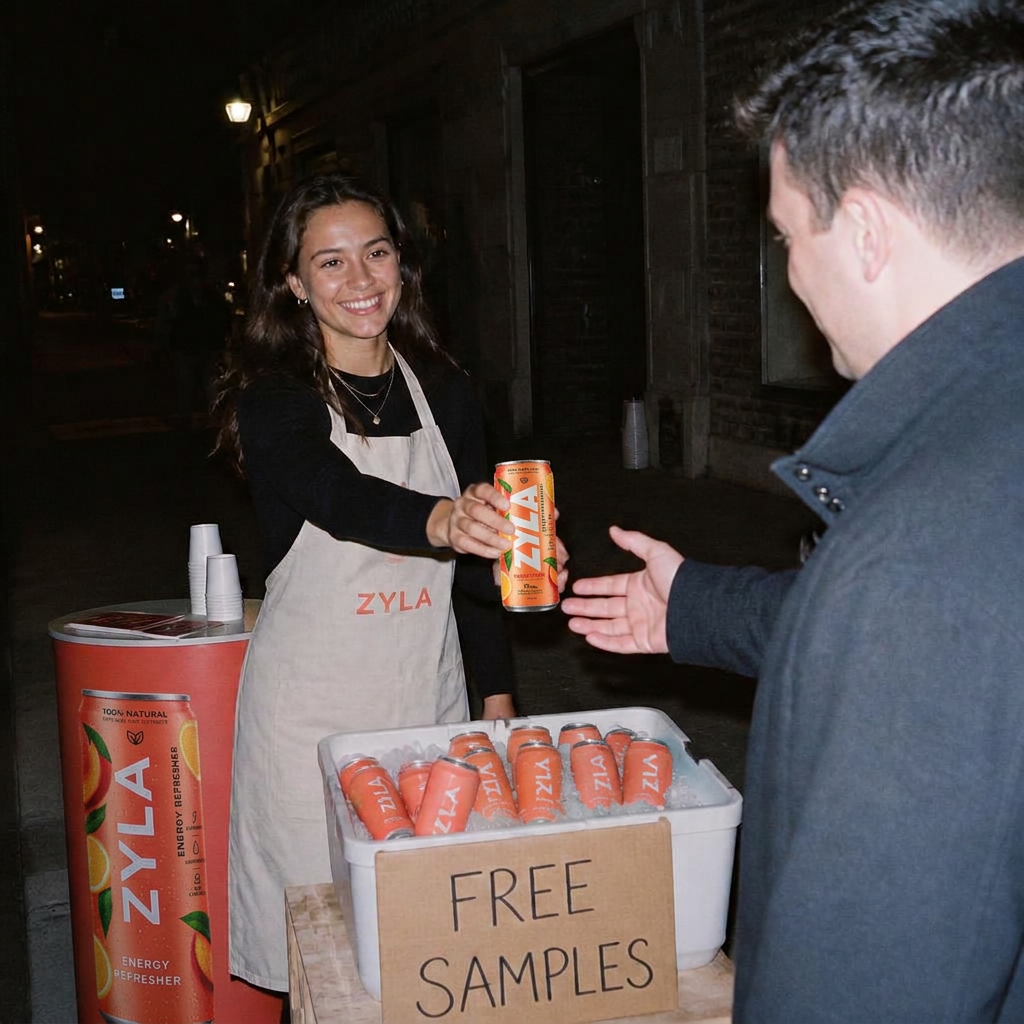 Flash photo of a ZYLA sampling stand handing out a free can in Brussels