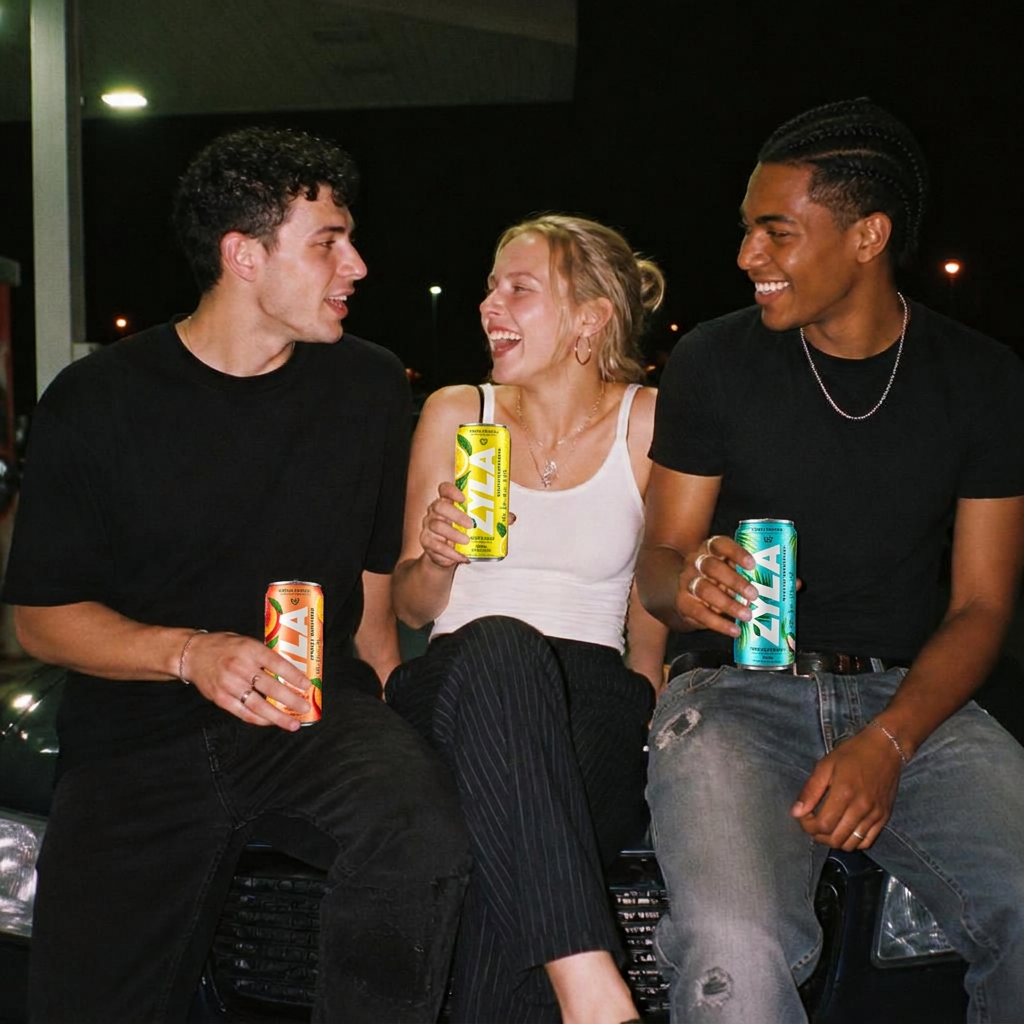 Flash photo of friends at a London petrol station with a ZYLA can