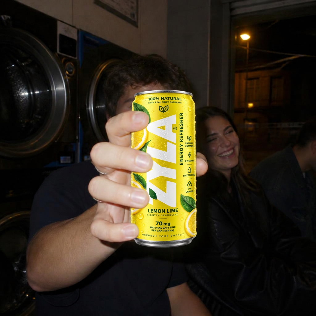 Flash photo in a Paris laundromat, someone holding a ZYLA can
