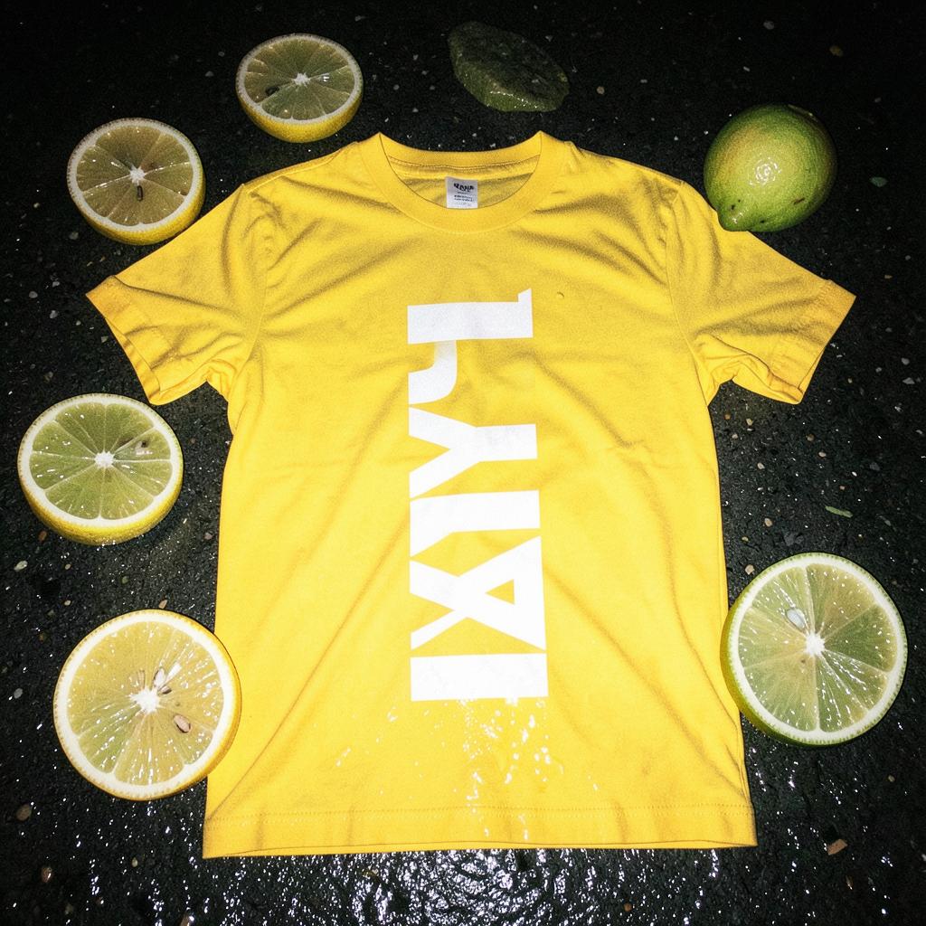 Electric yellow ZYLA t-shirt surrounded by giant lemon and lime halves